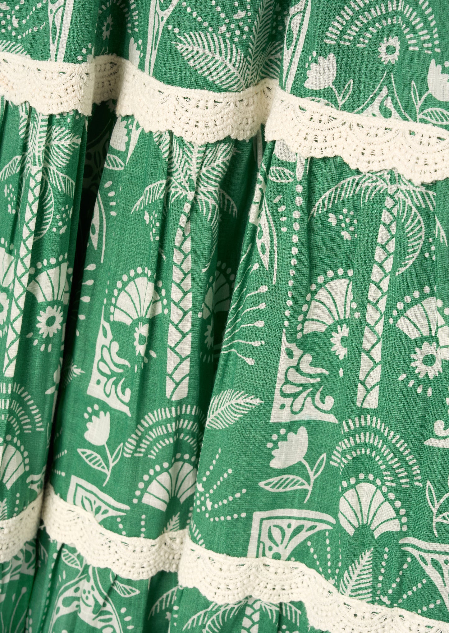 Kinsley Palm Print Lace Trim Tiered Dress