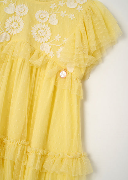 Luisa Yellow Embroidered Mesh Dress