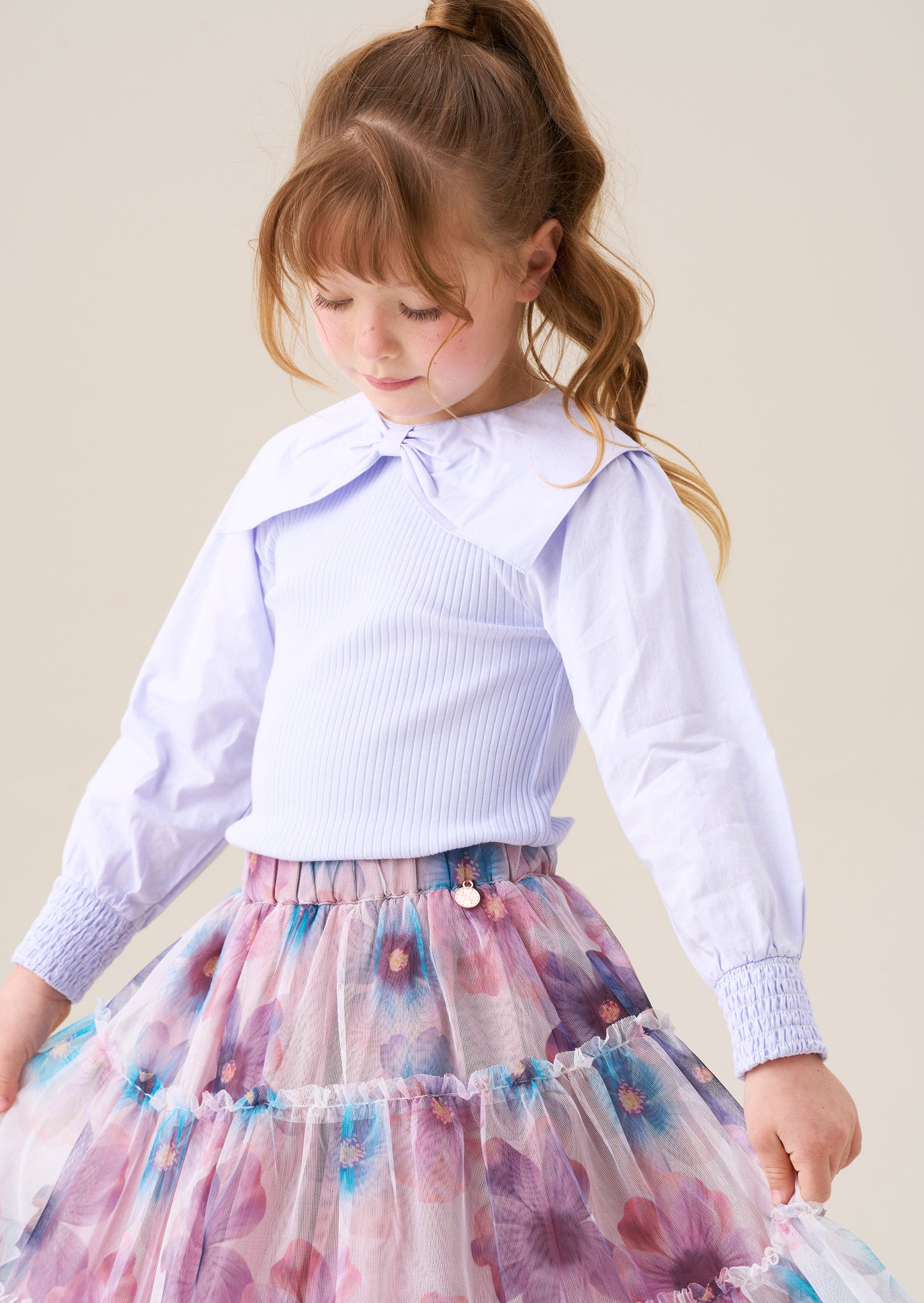 Elise Bow Collar Woven Sleeve Top