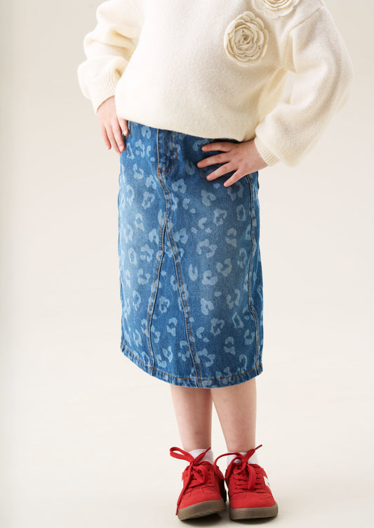 Kendal Leopard Denim Midi Skirt