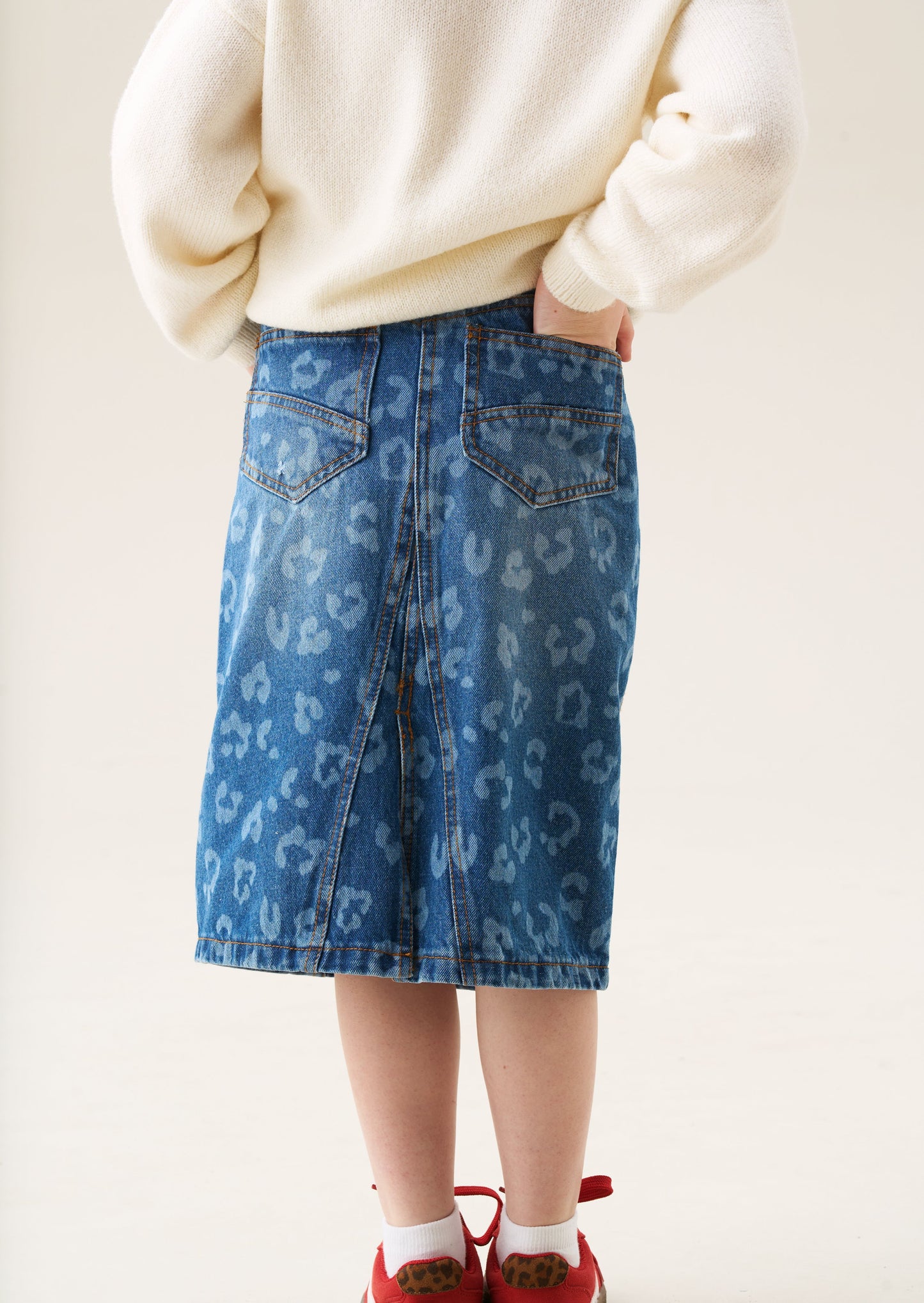 Kendal Leopard Denim Midi Skirt