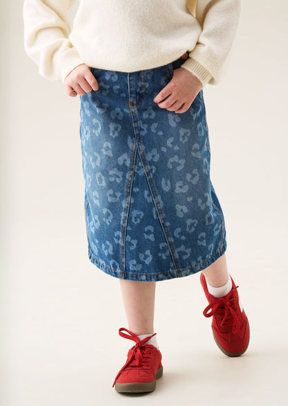 Kendal Leopard Denim Midi Skirt
