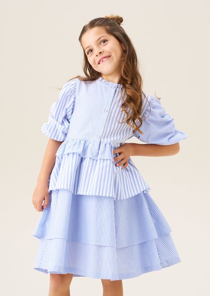 Frankie Blue Mixed Stripe Tiered Dress