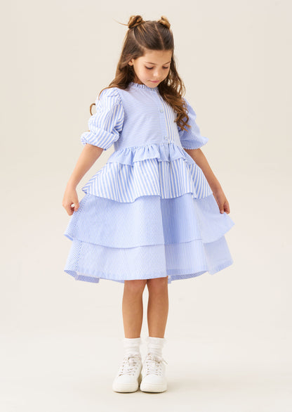 Frankie Blue Mixed Stripe Tiered Dress