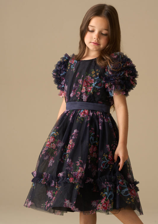 Florence Navy Ruffle Mesh Sleeve Dress