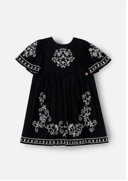 Reyna Black Embroidered Swing Dress