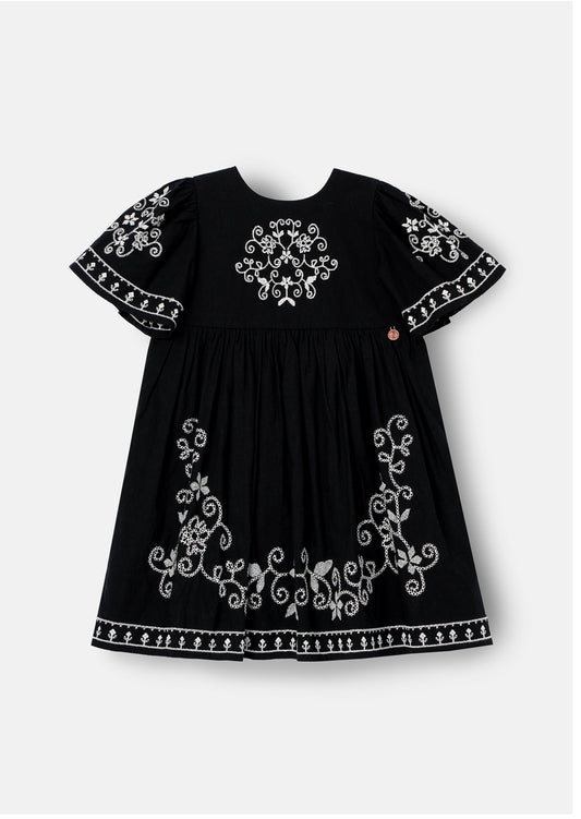 Reyna Black Embroidered Swing Dress