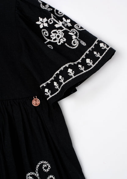 Reyna Black Embroidered Swing Dress