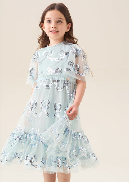 Delta Mint Sequin Bow Mesh Dress