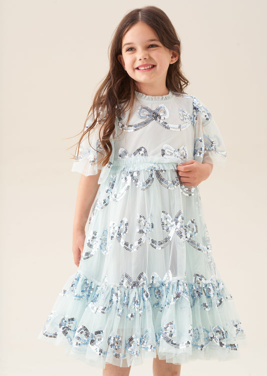 Delta Mint Sequin Bow Mesh Dress
