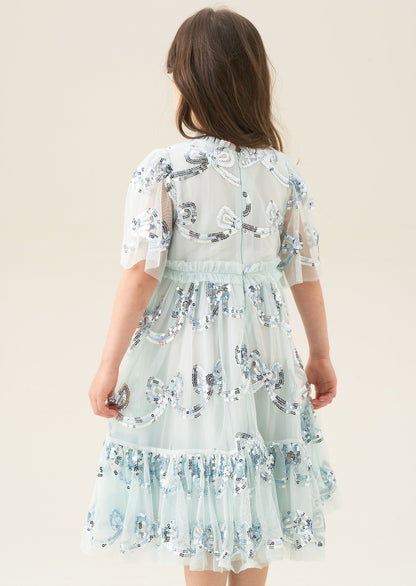 Delta Mint Sequin Bow Mesh Dress
