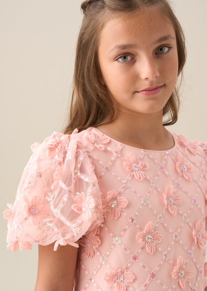 Francine Pink Embellished Puff Sleeve Dress