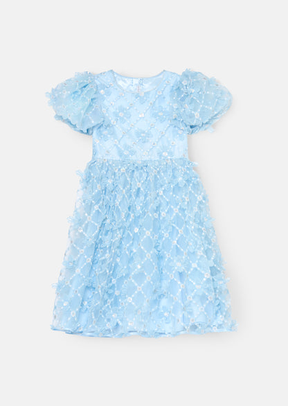 Francine Blue Embellished Puff Sleeve Dress