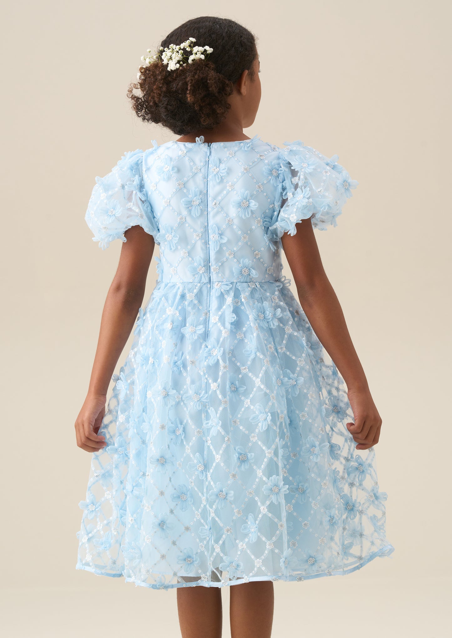 Francine Blue Embellished Puff Sleeve Dress