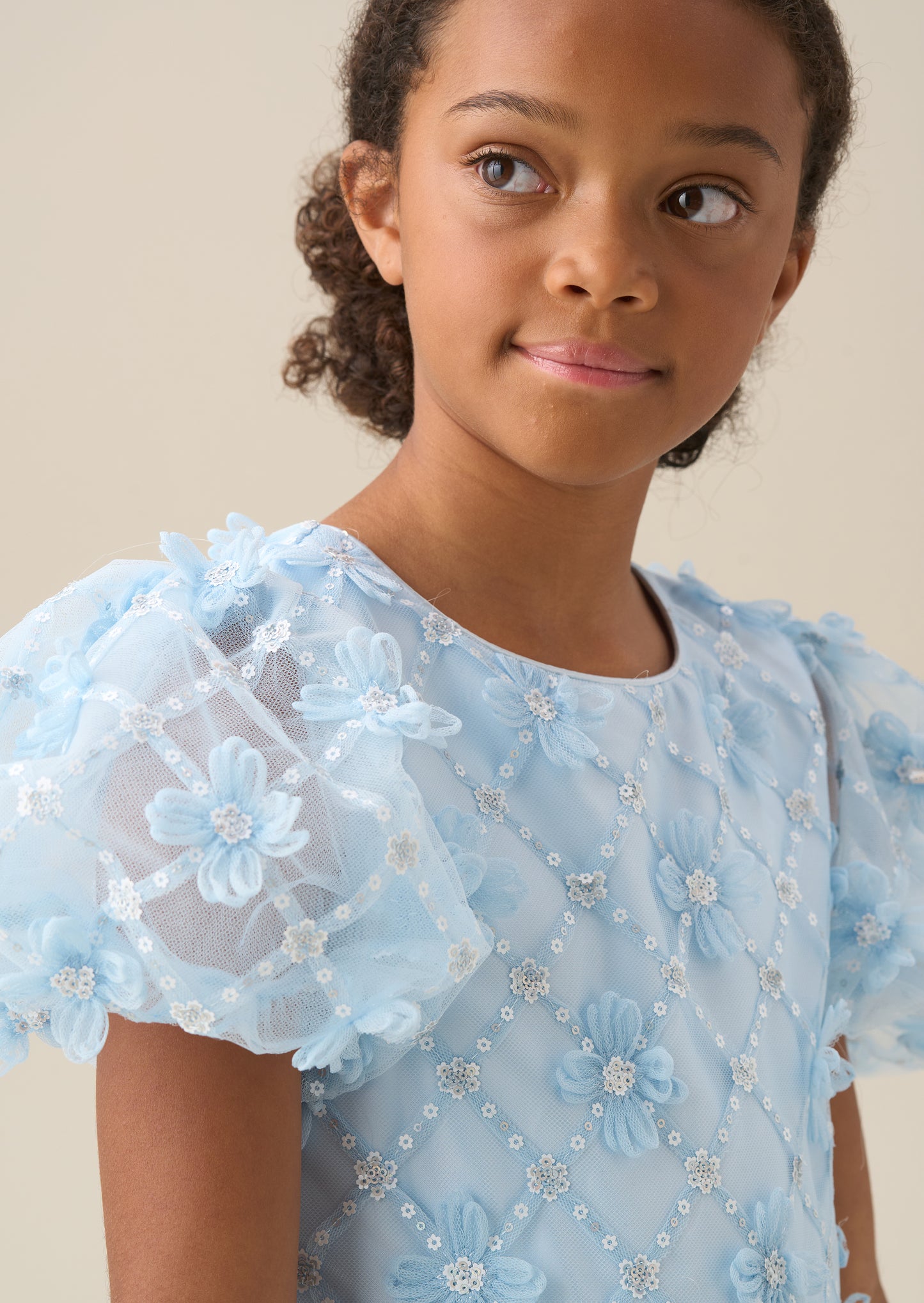 Francine Blue Embellished Puff Sleeve Dress