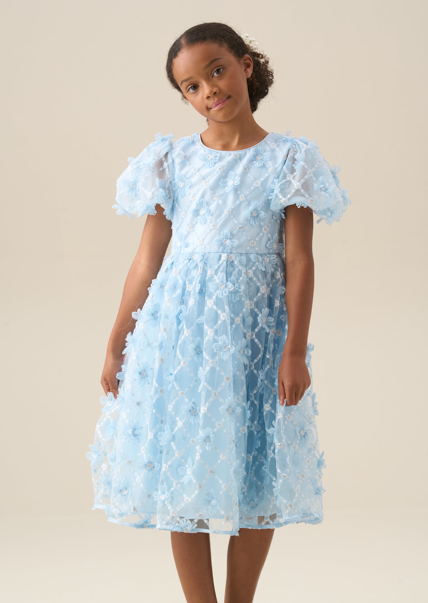 Francine Blue Embellished Puff Sleeve Dress