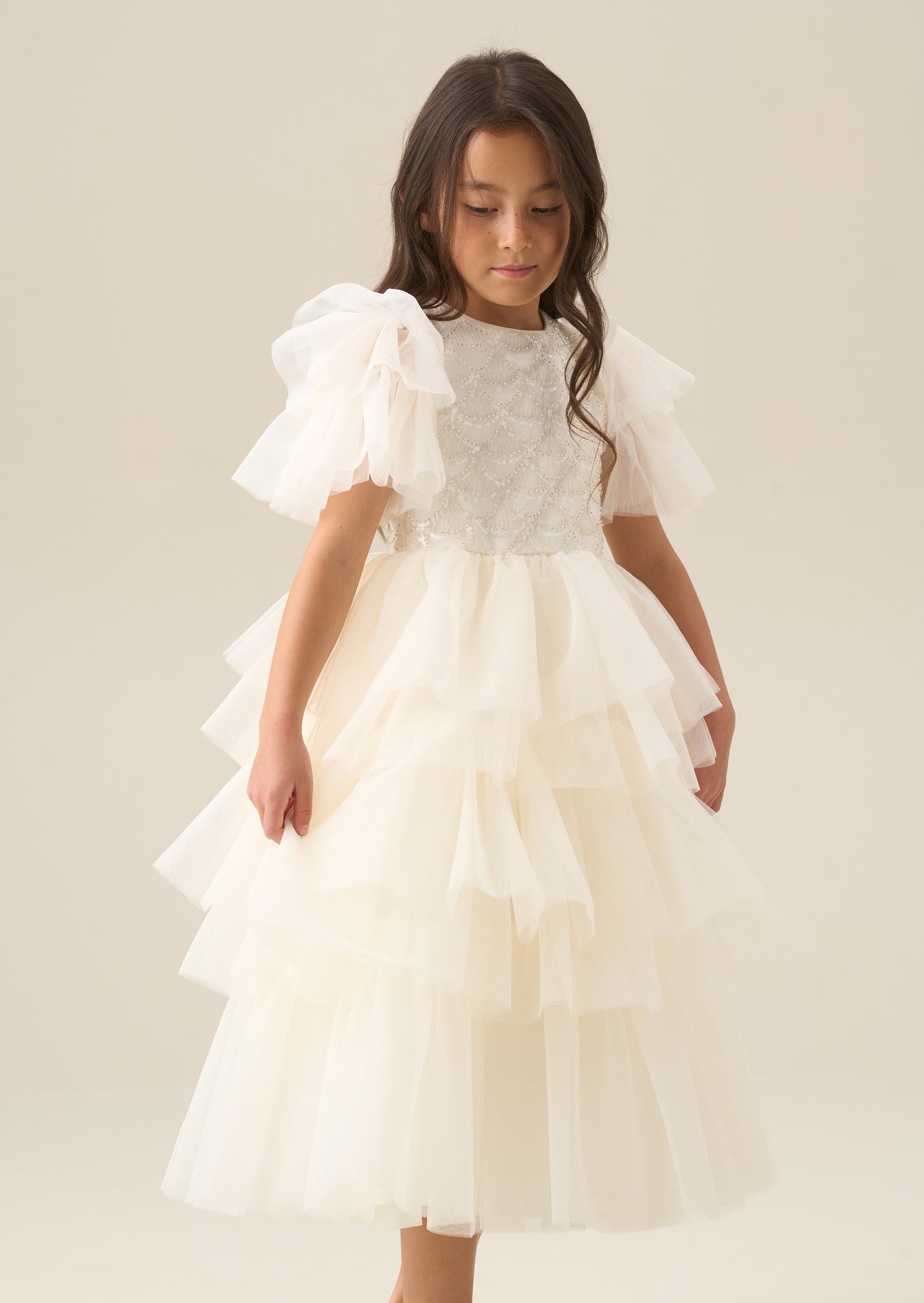 Tiffany Ivory Beaded Tiered Tulle Dress