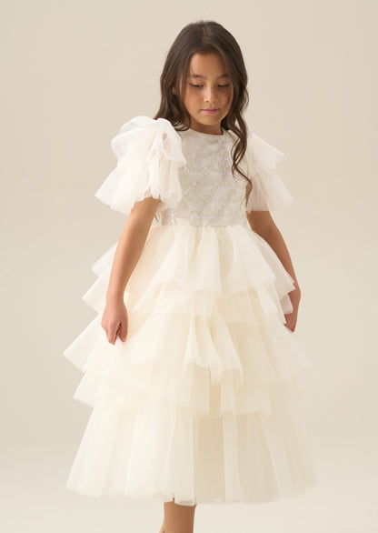 Tiffany Ivory Beaded Tiered Tulle Dress