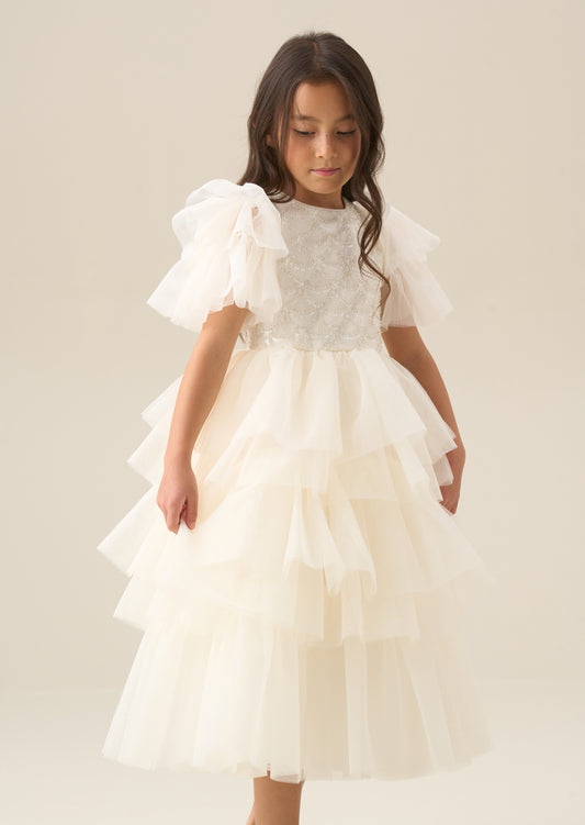 Tiffany Ivory Beaded Tiered Tulle Dress