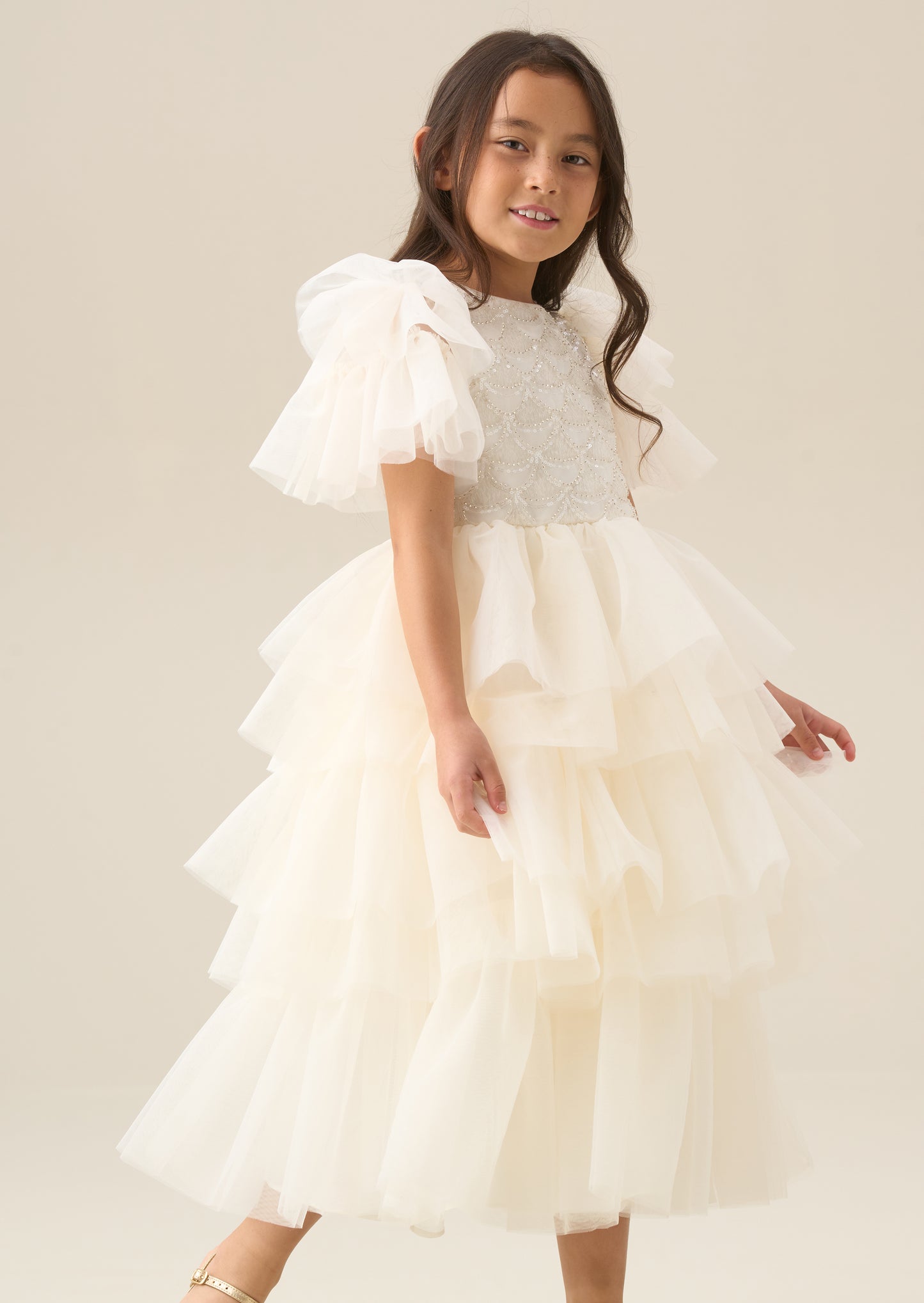 Tiffany Ivory Beaded Tiered Tulle Dress