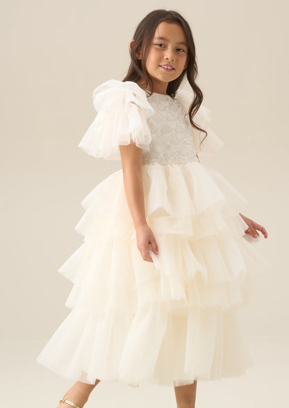Tiffany Ivory Beaded Tiered Tulle Dress