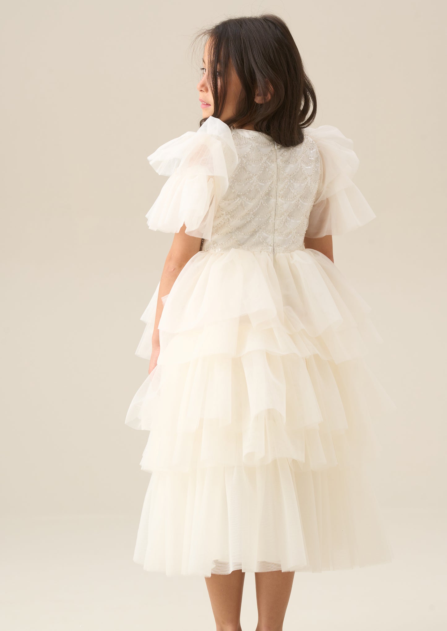 Tiffany Ivory Beaded Tiered Tulle Dress