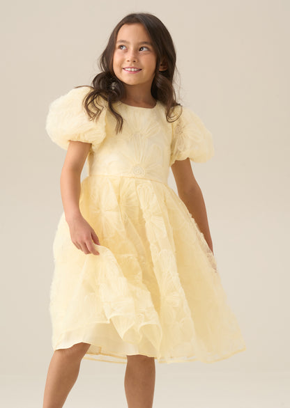 Francine Yellow Embellished Puff Sleeve Dress