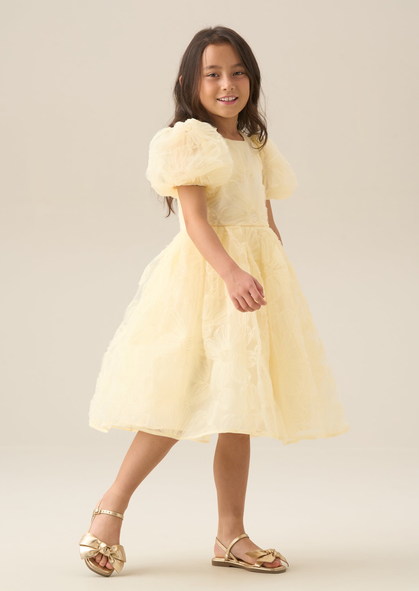 Francine Yellow Embellished Puff Sleeve Dress