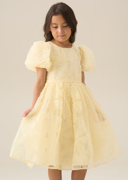 Francine Yellow Embellished Puff Sleeve Dress
