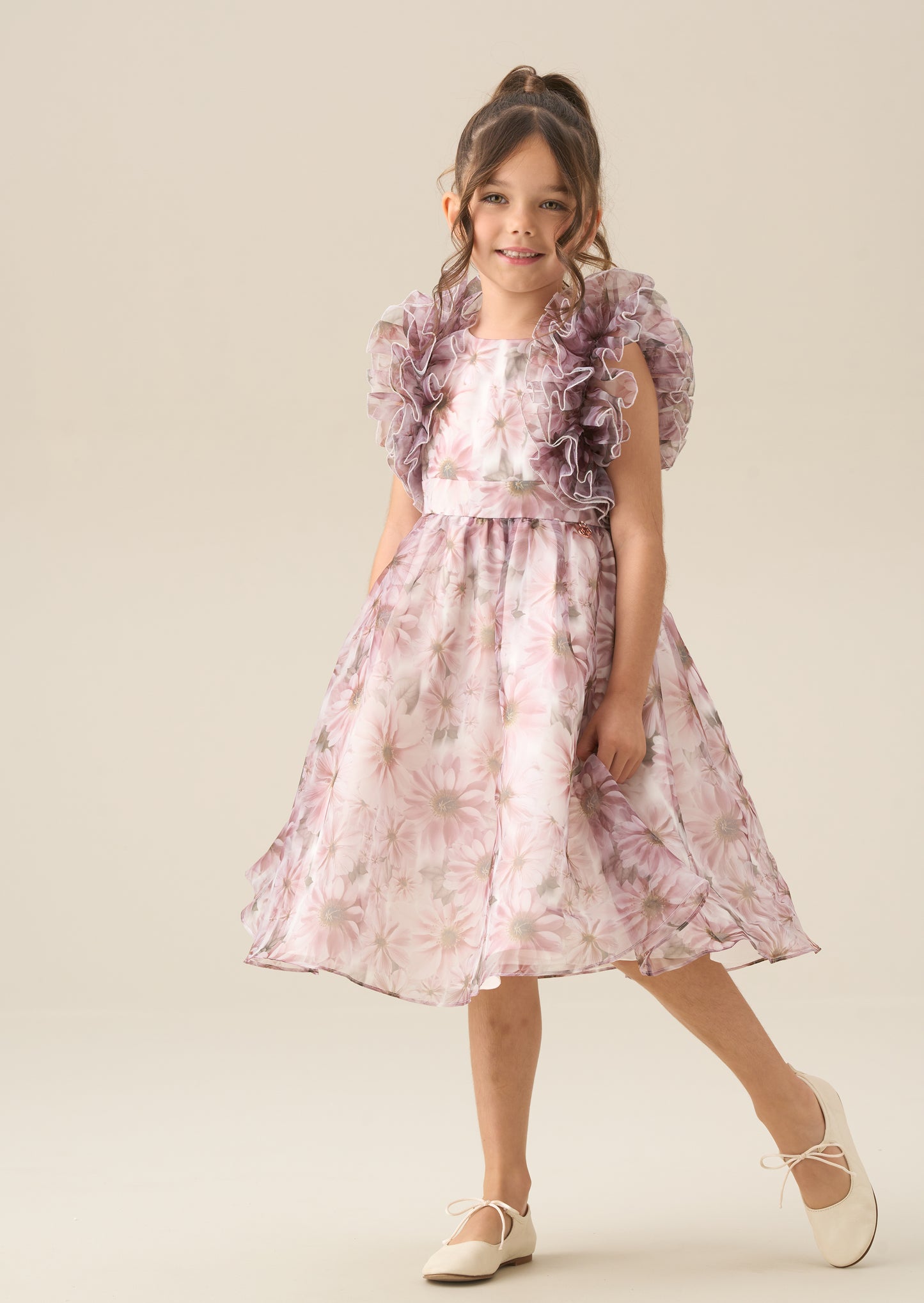 Flora Ruffle Sleeve Organza Print Dress