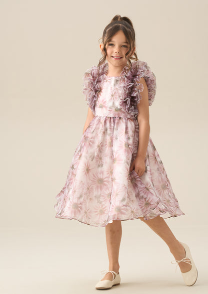 Flora Ruffle Sleeve Organza Print Dress