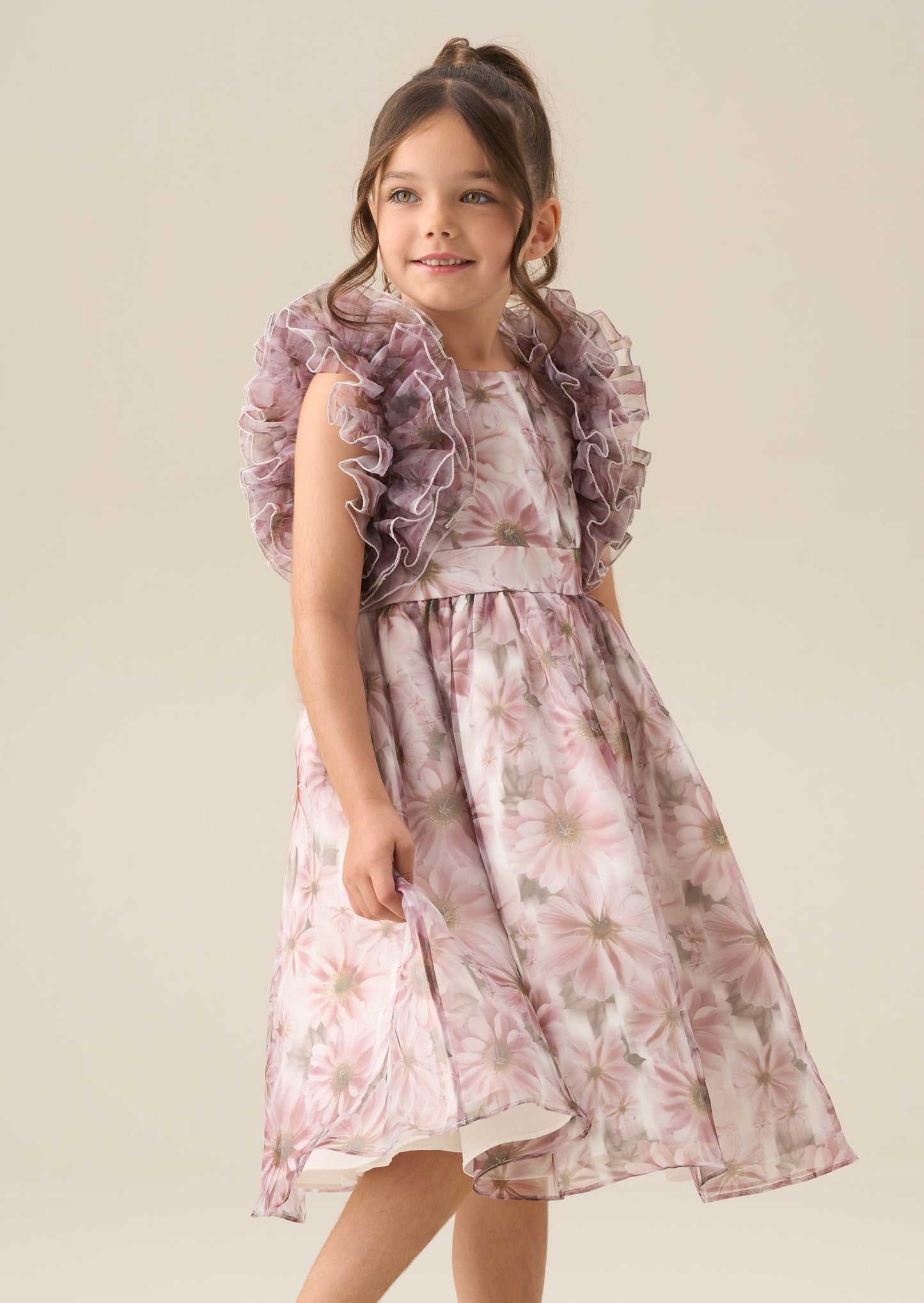 Flora Ruffle Sleeve Organza Print Dress