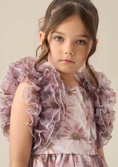Flora Ruffle Sleeve Organza Print Dress