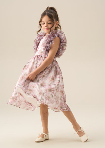 Flora Ruffle Sleeve Organza Print Dress