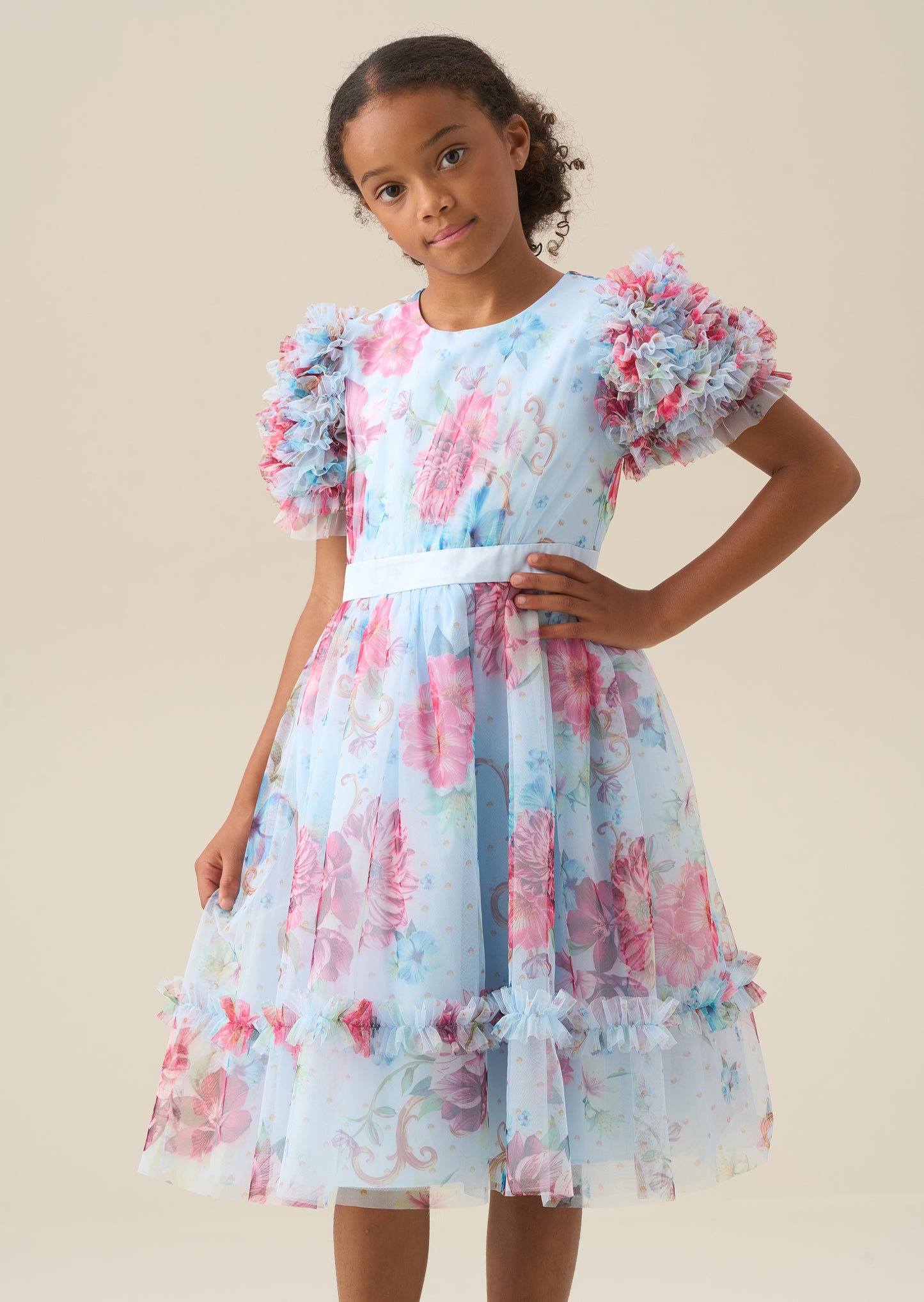 Florence Blue Ruffle Sleeve Mesh Dress