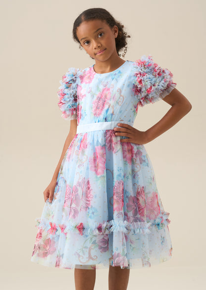 Florence Blue Ruffle Sleeve Mesh Dress