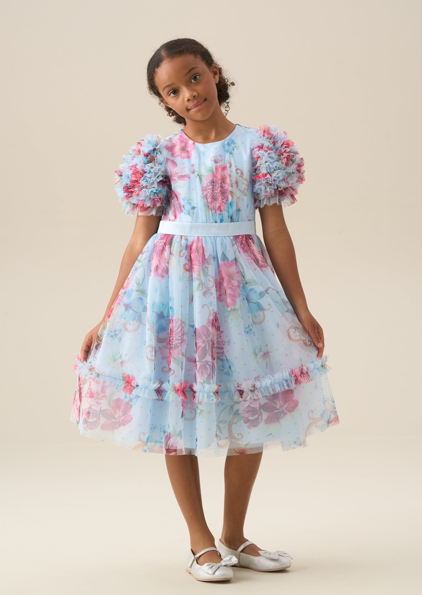 Florence Blue Ruffle Sleeve Mesh Dress