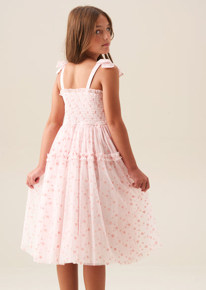 Vivi Heart Flock Tie Shoulder Mesh Dress
