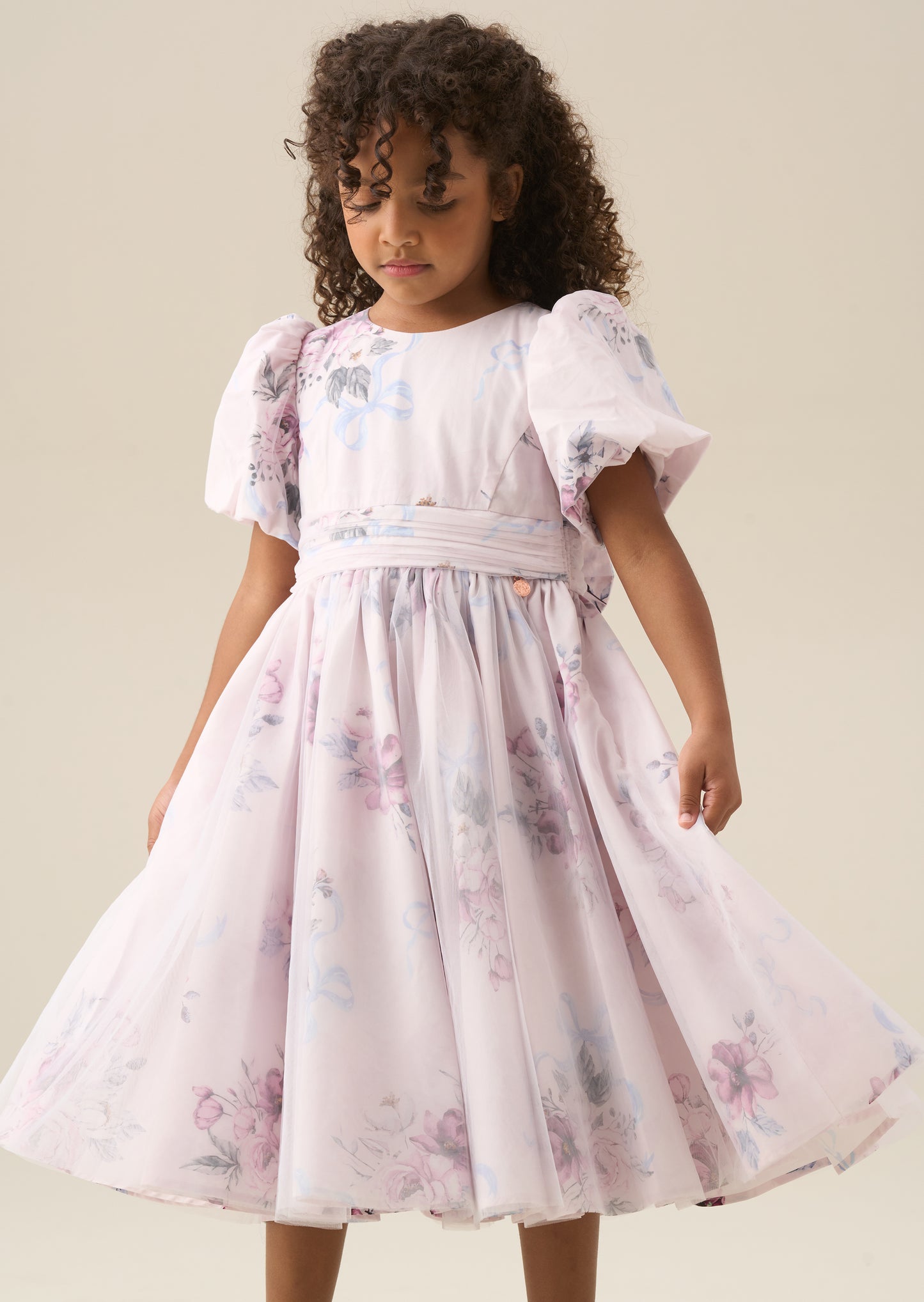 Rose Tulle Overlay Floral Print Dress