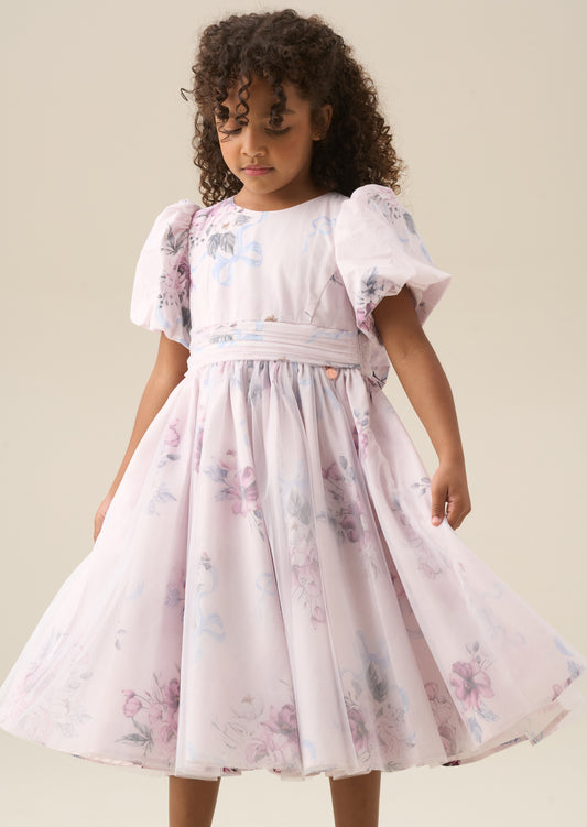 Rose Tulle Overlay Floral Print Dress