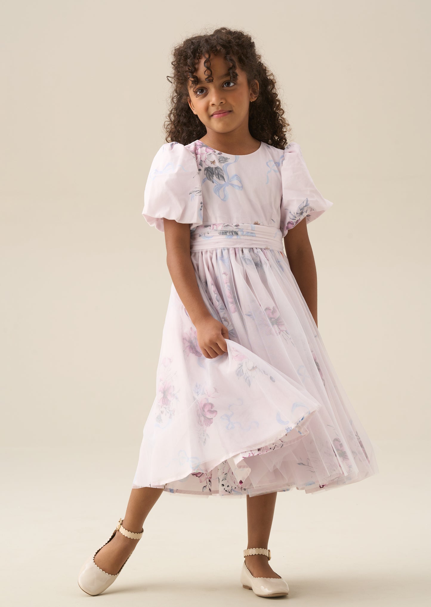 Rose Tulle Overlay Floral Print Dress