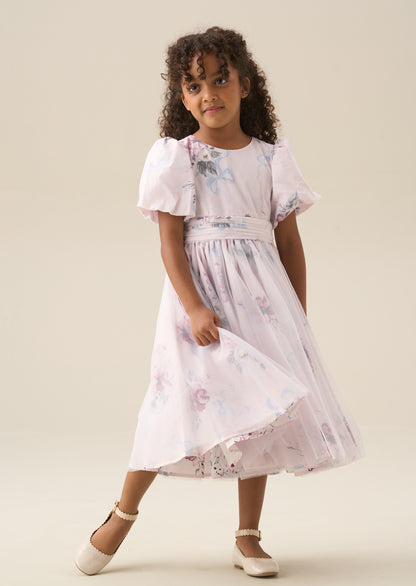 Rose Tulle Overlay Floral Print Dress