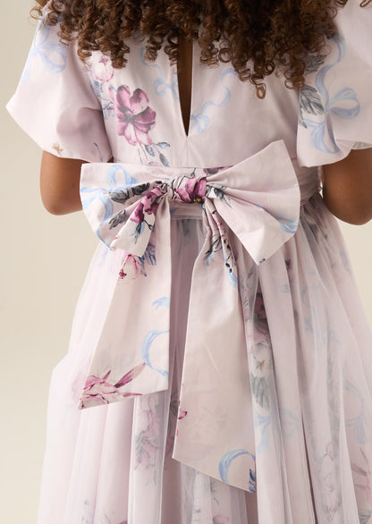 Rose Tulle Overlay Floral Print Dress