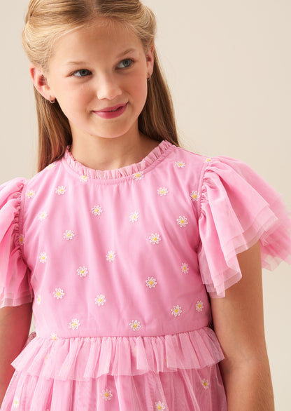 Luisa Pink Embroidered Mesh Dress