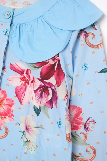 Darcy Blue Print Petal Collar Top