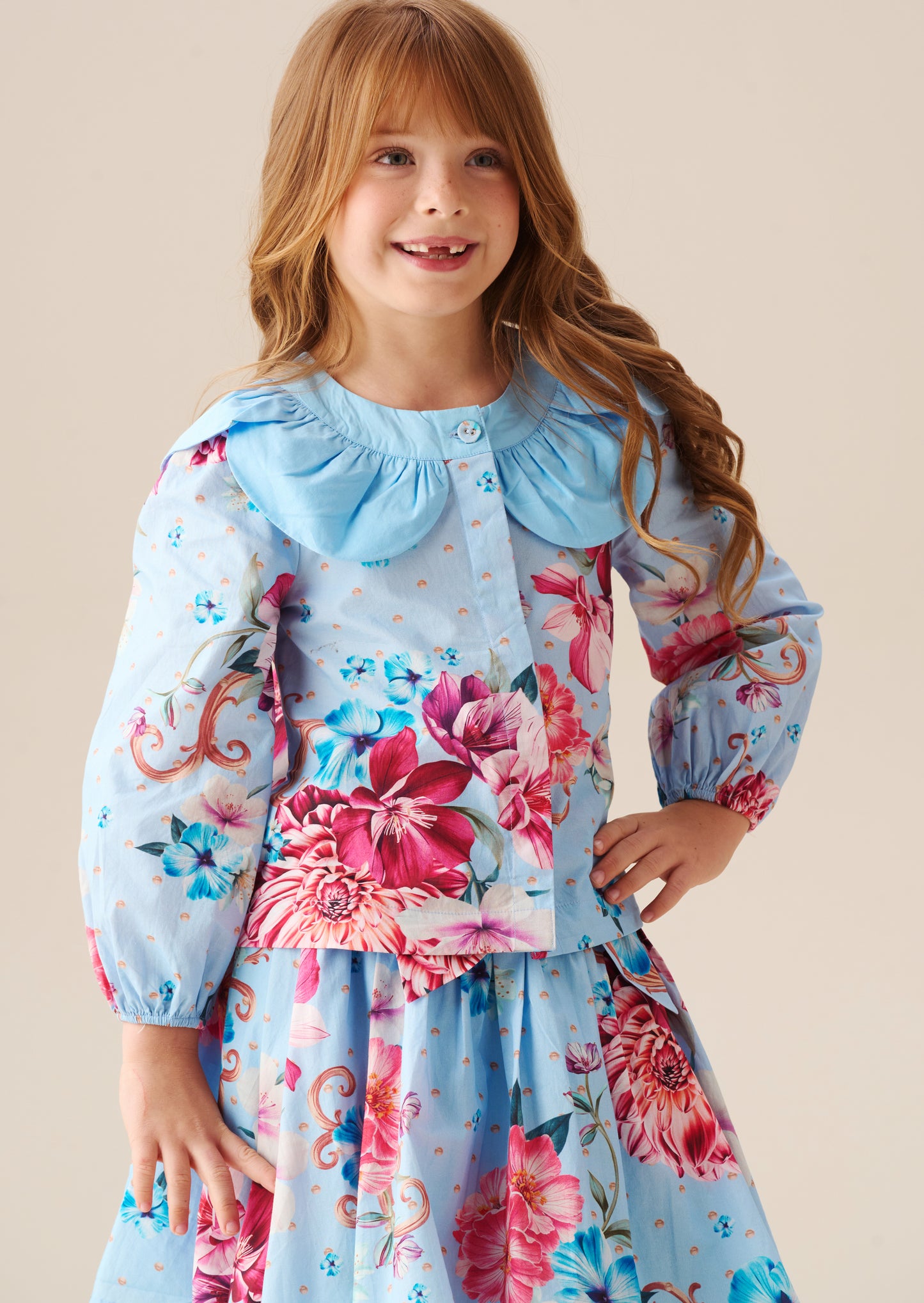 Darcy Blue Print Petal Collar Top