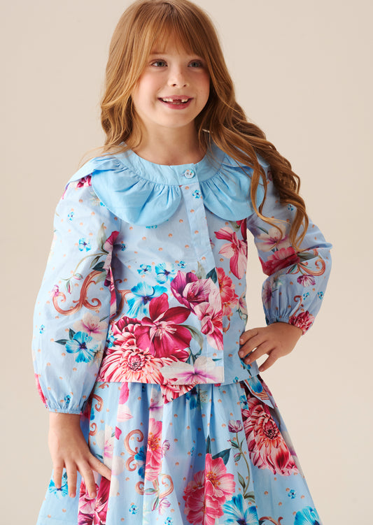 Darcy Blue Print Petal Collar Top