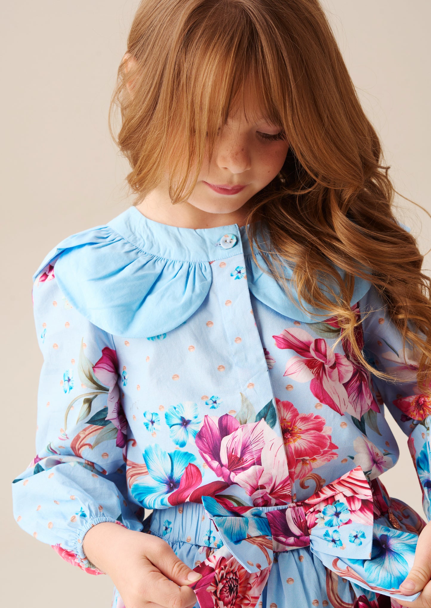 Darcy Blue Print Petal Collar Top
