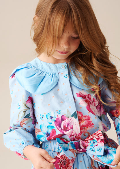 Darcy Blue Print Petal Collar Top