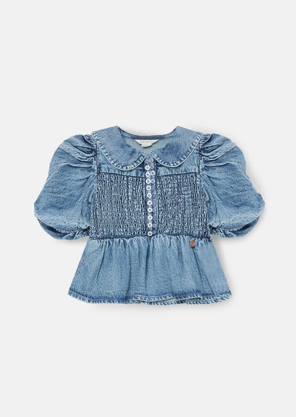Orla Blue Peter Pan Collar Shirred Denim Blouse